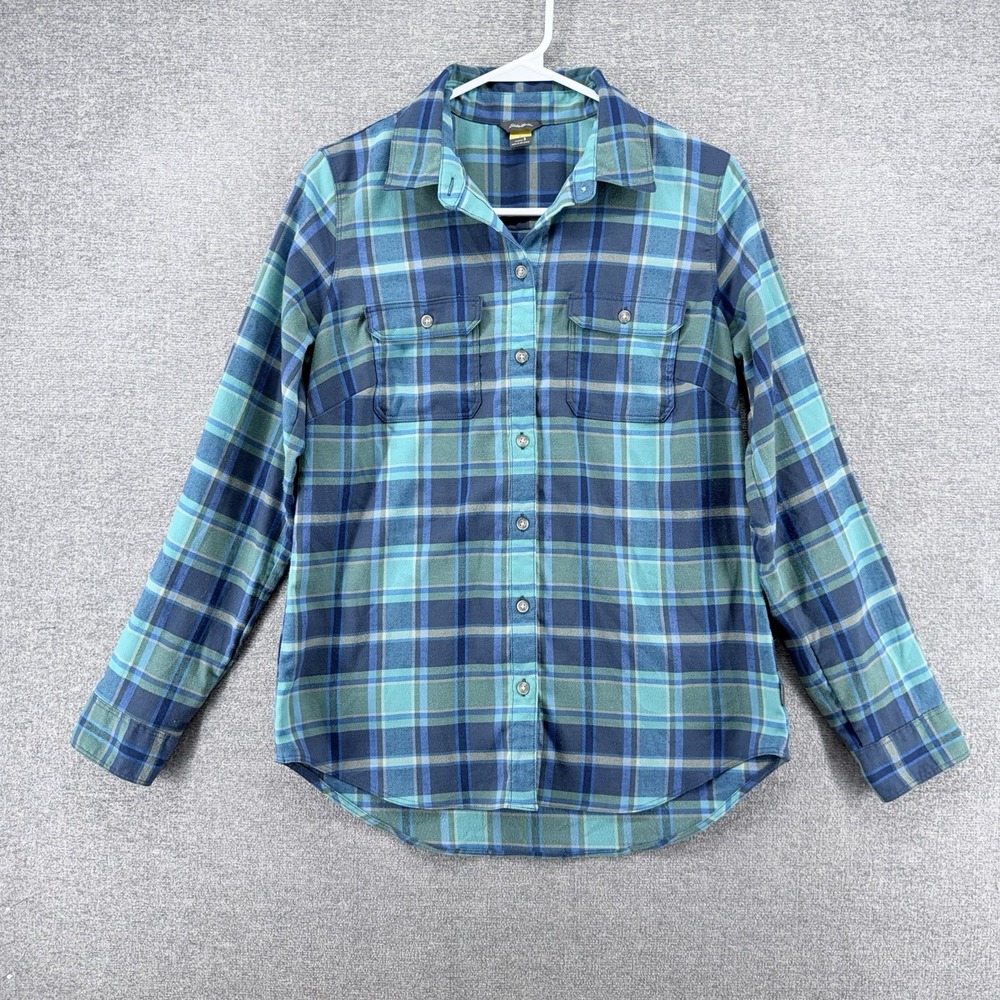 Eddie Bauer Travex Flannel Shirt Women Size Small Blue Teal Plaid Hiking Outdoor